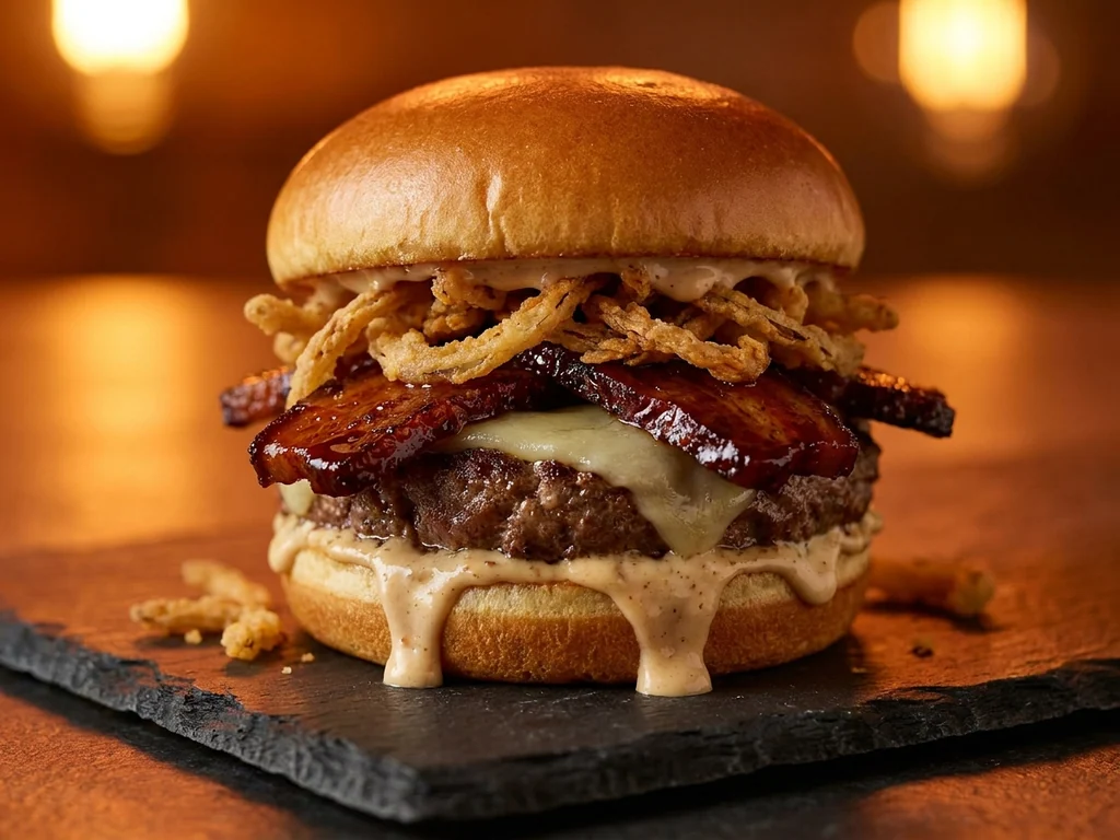 Doble Bourbon, con provolone gratinado y torrezno lacado