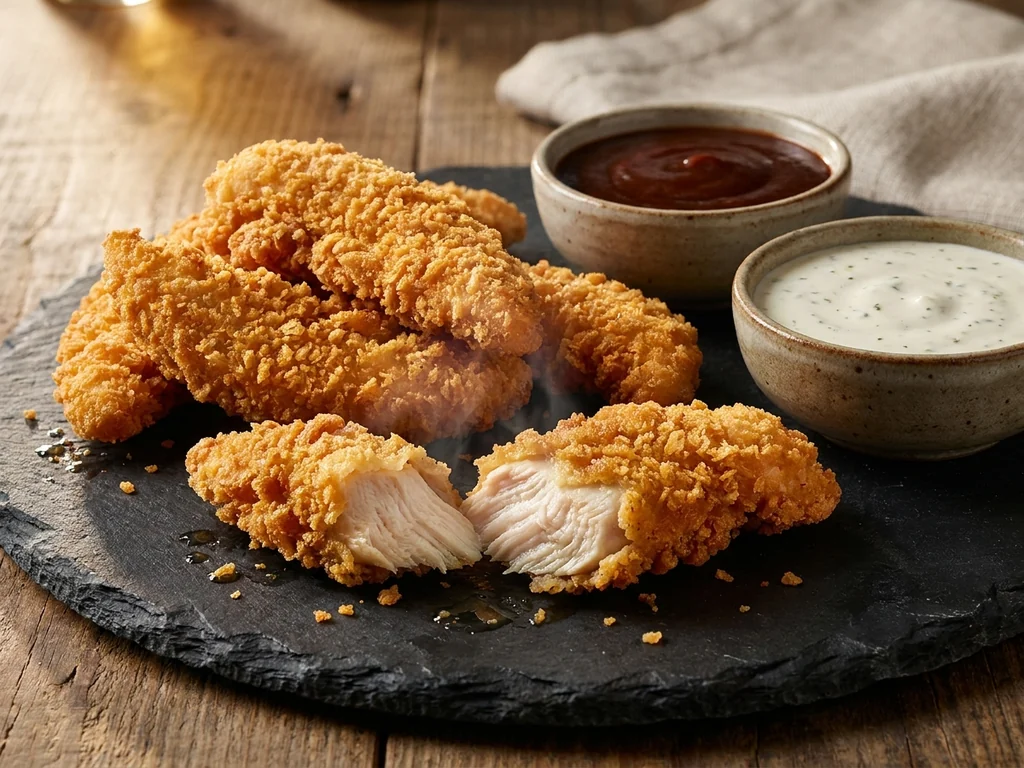 Tiras de pollo crujientes con salsas