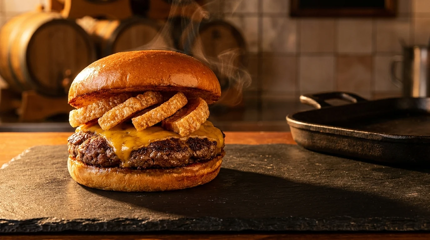 Hamburguesa de vaca vieja con cheddar fundido y láminas de torrezno